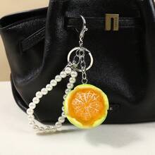 1pc Resin Apple Orange Keychain With Faux Pearl, Y2K Aesthetic Fruit Bag Charm For Purse Car Keys, Gift For Teens - Multicolor - View 2
