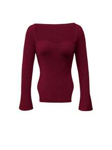 Elegant And Fashionable Apricot Square Neck Solid Color Pullover With Shoulder-Connected Sleeves, Ribbed Asymmetrical Hem, Suitable For Women, Casual And Comfortable, Versatile For Evening Dates, Holidays, New Year, Back To School, Office, Spring, Autumn, Winter Daily Wear - Burgundy - View 8