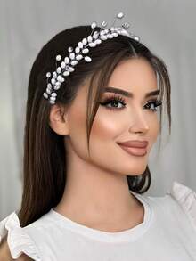 1PC Elegant Pearl Bridal Hairband Fashion Rhinestone Handmade Women's Headband Suitable For Wedding Holiday Party Hair Accessories - White - View 5