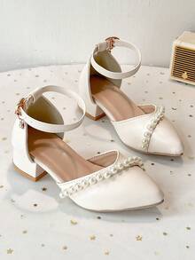 3-12 Years Old Girls Hollow Closed Toe Sandals Pearl Chunky High Heel Shoes For Hosting Runway Performance Princess Leather Shoes - Beige - View 8