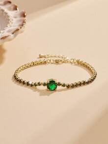 3pcs Luxury Gold-Tone Copper Women's Bracelet Set, Emerald Green Cubic Zirconia Inlaid, Stackable Tennis Chain Jewelry For Wedding, Party, Gift - Green - View 5
