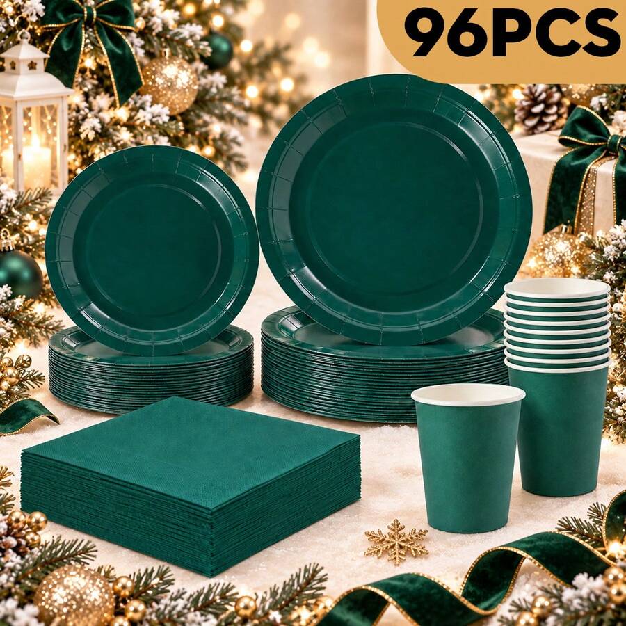 24 Pcs Dark Green Disposable Dinner Plates & Napkins, Party Supplies Suitable For Birthday, Wedding, Party, Family Picnic - Multicolor - View 1