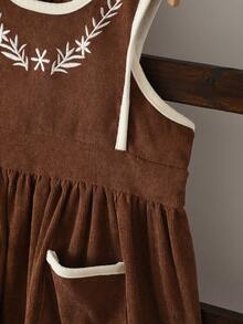 bearleader 2pcs/Set Girls Winter Clothing, Solid Color Long Sleeve Basic Top And Floral Embroidered Tank Dress, Vintage Casual Style - Coffee - View 7