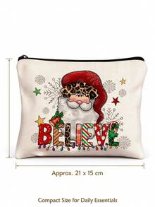 1pc Santa Claus Print Linen Zipper Pouch, Cute Cartoon Hand-Drawn Pattern With Christmas Hat, Sunflower, Snowflake And Gift Box Elements, Portable Flat Handbag, Large Capacity Storage Bag For Cosmetics, Lipstick, Stationery, Data Cable, Keys And Coins, Lightweight And Durable, Zipper Closure To Prevent Items From Falling Out - Multicolor - View 2