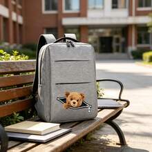 1pc 12*30*40cm Bear Print Zippered Business Backpack, Unisex Design Suitable For Campus, Short Trips, Daily Commute And Work, All-Season Large Capacity Compartment For Laptop And Various Learning Supplies - Backpack - View 4