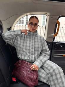 Women's Elegant Casual Plaid 2 Pieces Set, Stand Collar Top With Wide Leg Pants, Autumn Daily Outfit Choice - Grey - View 5