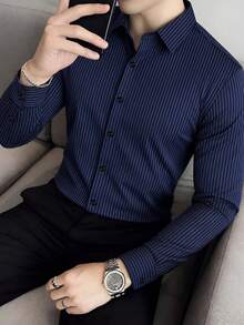 Men's Fashion Business Casual Striped Print Long Sleeve Shirt,Fall - Navy Blue - View 2