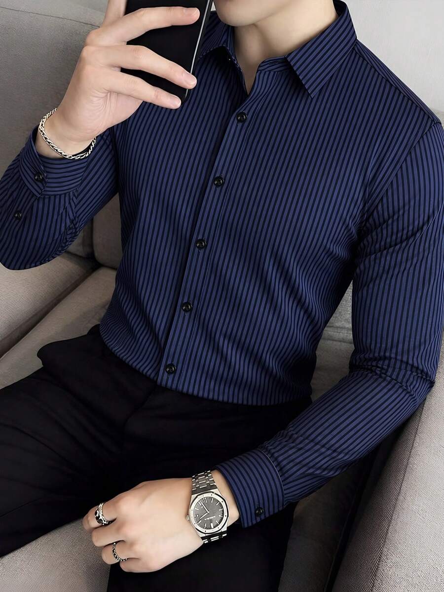 Men's Fashion Business Casual Striped Print Long Sleeve Shirt,Fall