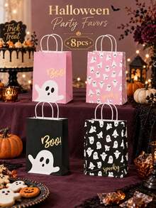 8/12 Pcs Pink Black Ghost Boo Print Halloween Paper Gift Bag, Reusable Tote Lunch Bag For Holiday Party Candy Present Shopping Packaging - Multicolor - View 7