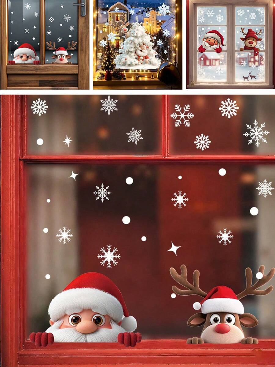 BRUP 1PC/2PCS Cartoon Santa & Reindeer Christmas Window Sticker, Static ...