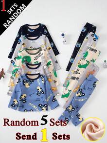 5 Sets Send 1 Set Random Young Boy Fleece Lined Thickened Dinosaur Print Long Sleeve Long Pants Pajama Set Autumn Wear Home Clothes - Light Grey - View 1