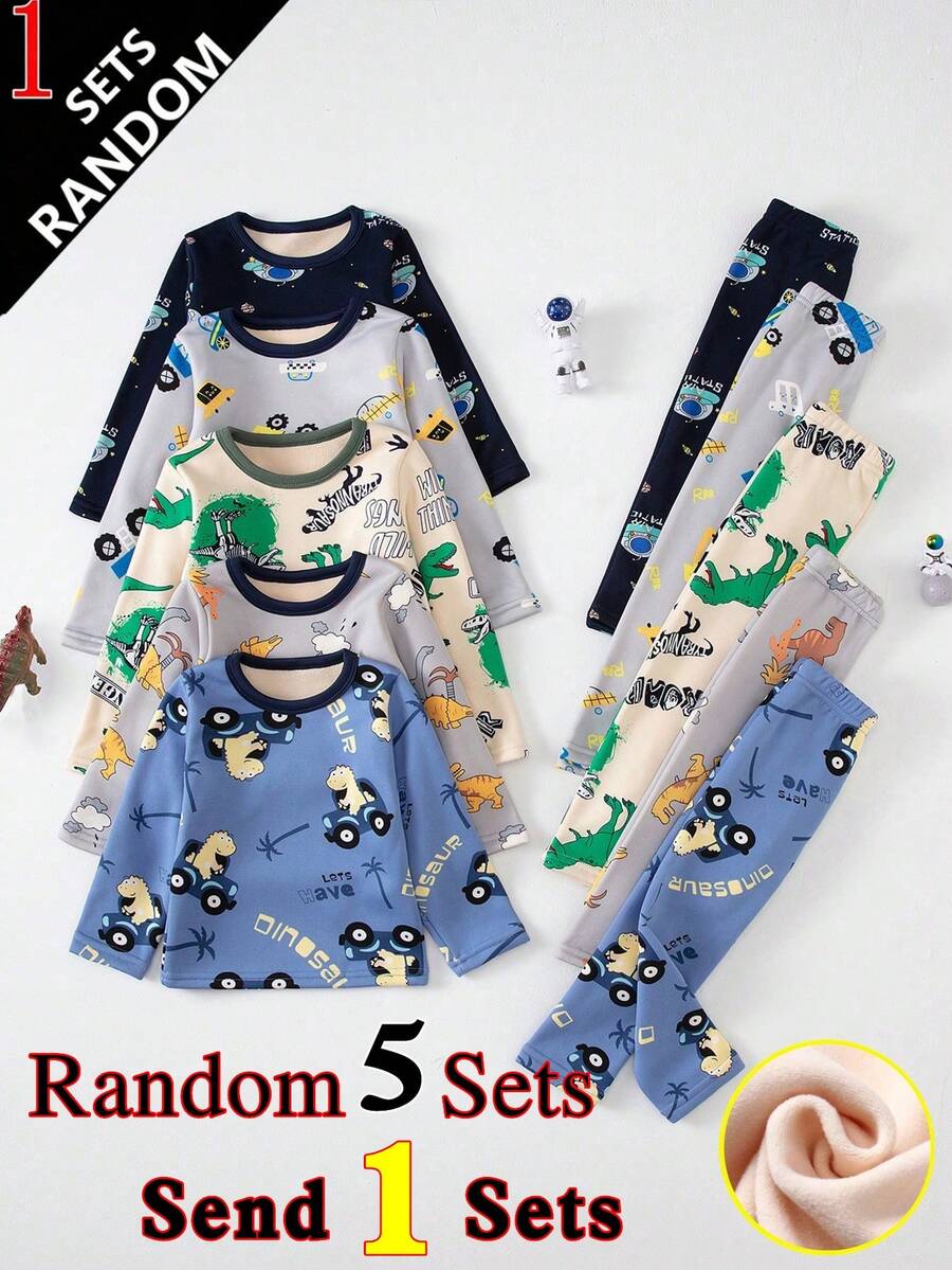 5 Sets Send 1 Set Random Young Boy Fleece Lined Thickened Dinosaur Print Long Sleeve Long Pants Pajama Set Autumn Wear Home Clothes - Light Grey - View 1