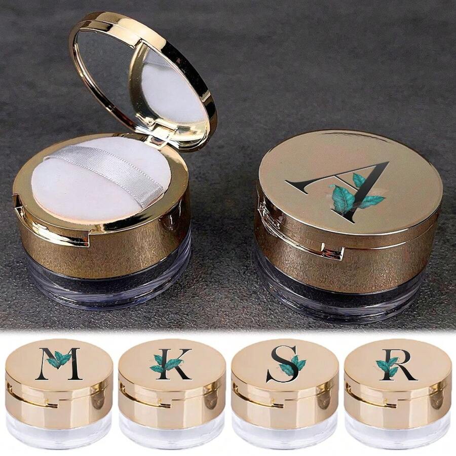 Makeup Organizer Portable Empty Loose Powder Container Refillable Cosmetic Mesh Sifter Box With Built In Mirror Lightweight Travel Compact Makeup Case For Purse Handbag Ideal Gift For Girls Women Initial Name Leaf 26 Letters Pattern - Gold - View 1