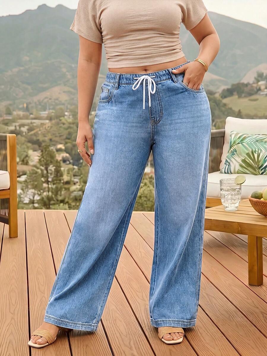 Plus Size Women's Straight Leg Jeans, High Waist Drawstring Loose Fit, Casual Autumn Outfit, Suitable For Dating, Dancing, Vacation And Party - Blue - View 1
