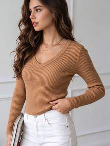 QUNGIGU Women Casual Ribbed Knit Pullover V Neck Long Sleeve Slim Fit Tops Casual Clothes For Daily Commuting Going Out Dating - Khaki - View 2