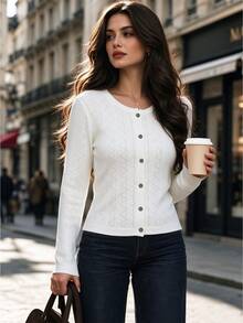 DONICY كارديجان نسائي أبيض بياقة طاقم محبوك بتفاصيل عيون مجوفة جاكار قصير ضيق بأزرار - أبيض - مشاهدة 6