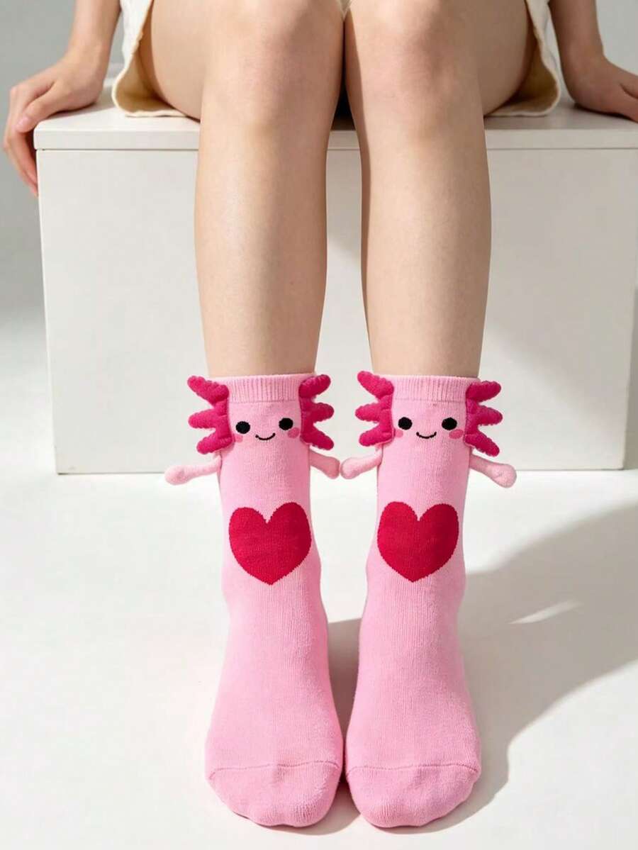 1 Pair Funny 3D Monster Mid-Calf Socks, Blue Axolotl Heart Cartoon Socks, Viral Style Cute Cotton Socks For Girls - Multicolor - View 1