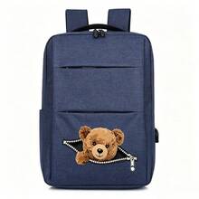 1pc 12*30*40cm Bear Print Zippered Business Backpack, Unisex Design Suitable For Campus, Short Trips, Daily Commute And Work, All-Season Large Capacity Compartment For Laptop And Various Learning Supplies - Backpack - View 10