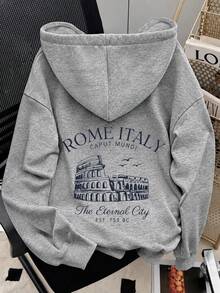Sudadera con capucha y manga larga para mujer, elegante, con estampado gráfico de Roma, Italia, corte regular informal y cordón ajustable. - Gris Claro - Ver 1