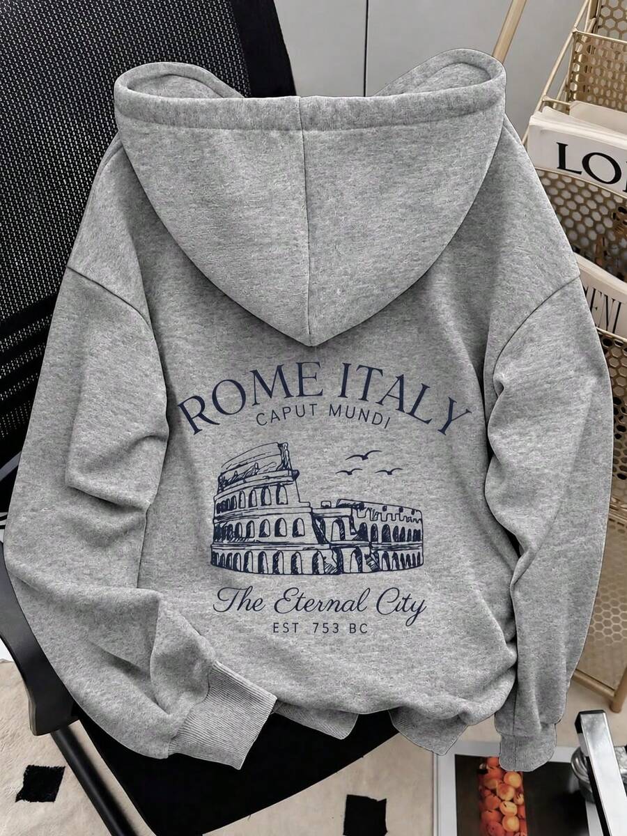 Sudadera con capucha y manga larga para mujer, elegante, con estampado gráfico de Roma, Italia, corte regular informal y cordón ajustable. - Gris Claro - Ver 1