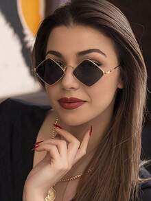 Women's Geometric Diamond Shape Sunglasses, Thin Metal Frame Gradient Lens Retro Fashion UV Protection Shades For Daily Outfit - Multicolor - View 3