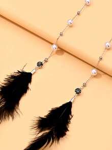 1pc Vintage Bohemian Pearl Face Chain With Black Feather Tassel, Facial Chain Accessory For Evening Party Cosplay Exotic Style - Rhinestones - View 9