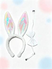 Bộ 2 món băng đô tai thỏ dài holographic kèm nơ satin trắng và scrunchie tóc lông thỏ bông trắng, phù hợp cho trang phục cosplay dễ thương, phụ kiện thiết yếu chủ đề Halloween - Nhiều màu - Xem 1