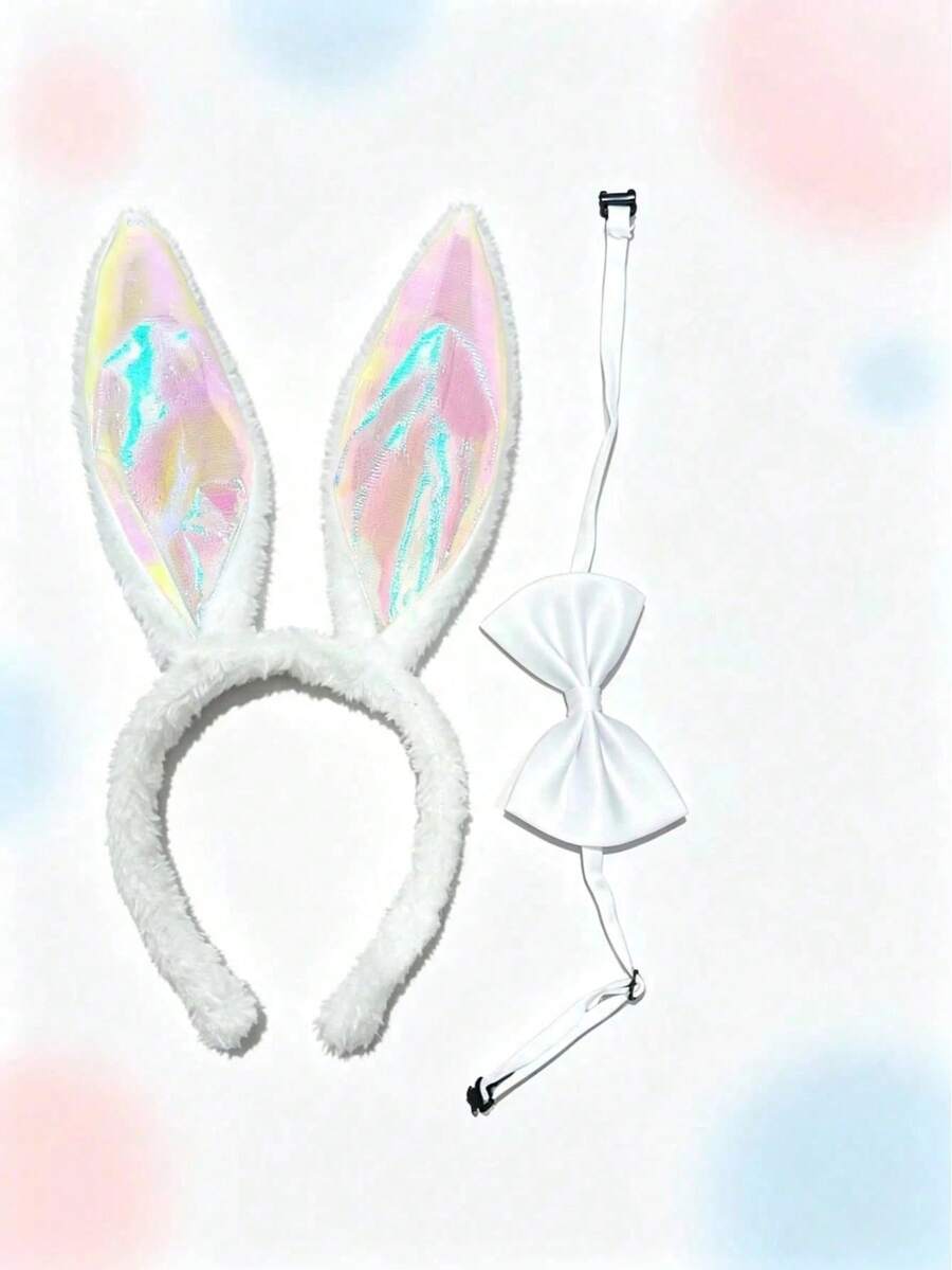 Bộ 2 món băng đô tai thỏ dài holographic kèm nơ satin trắng và scrunchie tóc lông thỏ bông trắng, phù hợp cho trang phục cosplay dễ thương, phụ kiện thiết yếu chủ đề Halloween - Nhiều màu - Xem 1