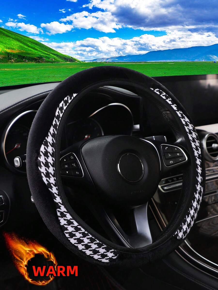 MEIKAXIU 1pc Winter Rabbit Fur Plush Soft Comfortable Non-Slip Car Steering Wheel Cover Without Inner Ring, Suitable For 15 Inch, Black & Red, Car Interior Accessory For Men & Women