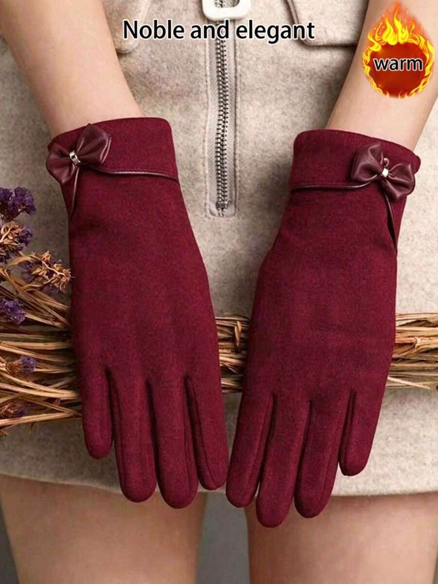 1 Pair Women's Bow Touchscreen Warm Gloves, Christmas Red Thick Windproof Gloves, Suitable For Cycling, Driving, Daily Wear, Party, Winter Holiday - Gloves - View 1