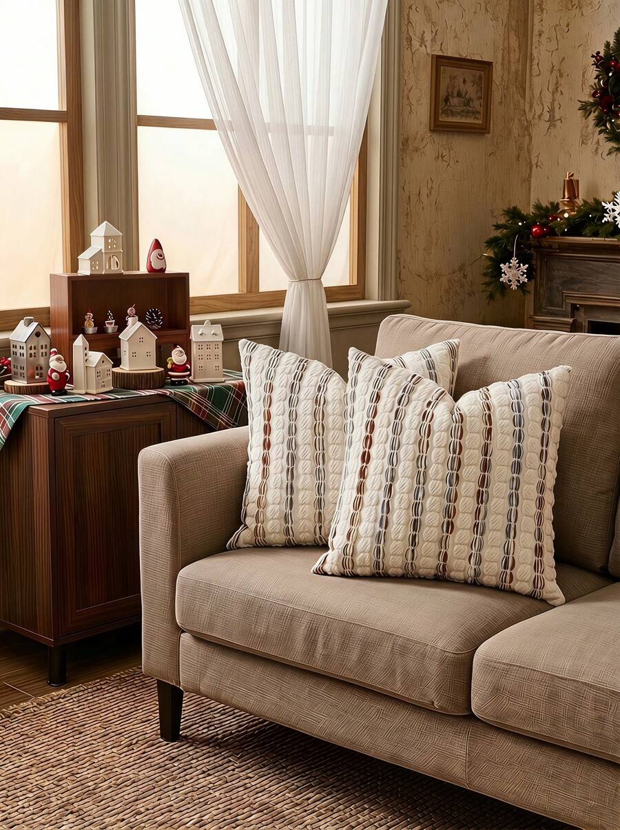 Cirelle 1件/2件装 咖啡棕色+多色（不含枕芯）3D加厚条纹抱枕套，波西米亚农舍风雪尼尔抱枕套，中性色枕套，适用于沙发、床、卧室、餐厅、派对、装饰，四季皆宜