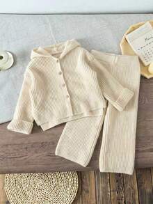 Girls' 2pcs Vertical Striped Knit Set, Hooded Front Button-Up Cardigan Top + Wide Leg Pants, Soft Comfortable Beige Solid Color Casual Outfit, Suitable For Autumn/Winter Daily Home And Outdoor Wear - Apricot - View 1