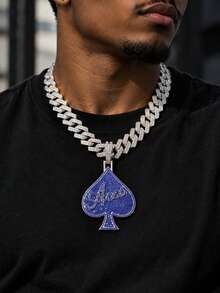 European & American Hip Hop Colorful Full Rhinestone Spade A Pendant Cuban Chain, Personalized Street Style Rhinestone Men's Necklace, Rap Accessory - Silver - View 8