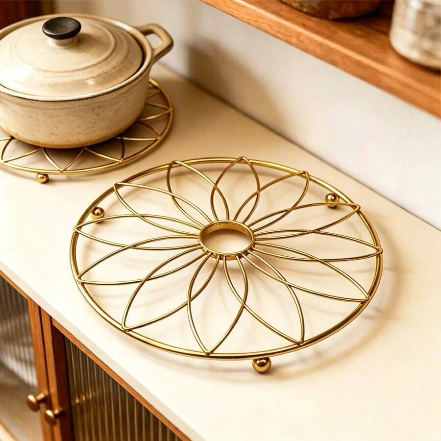 1pc Round Heat-Resistant Trivet Mat For Hot Dishes - Decorative Hollow Flower Design, Heat-Resistant Pot Holder, Non-Slip Metal Coaster, Suitable For Dining Table And Kitchen Countertop - View 1