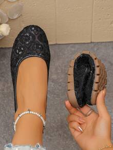 Black Lace Sequin Ballet Shoes Women's Round Toe Breathable Mesh Foldable Soft Sole Daily Commute Ballet Shoes - Black - View 1