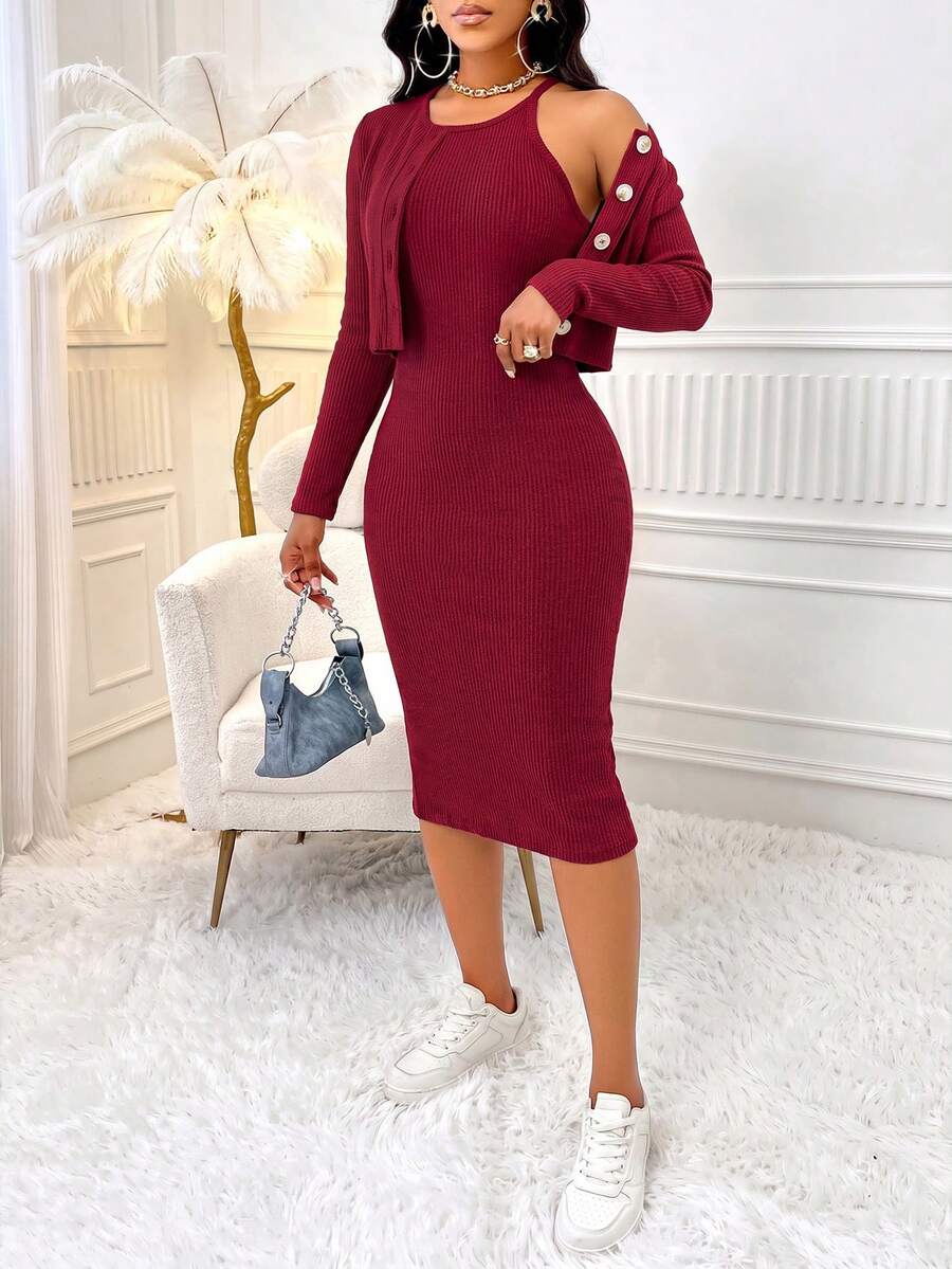 AIJ Amarilo Women's Solid Color Casual Front Button Jacket + Solid Color Halter Neck Bodycon Dress 2 Pieces Set - Burgundy - View 1