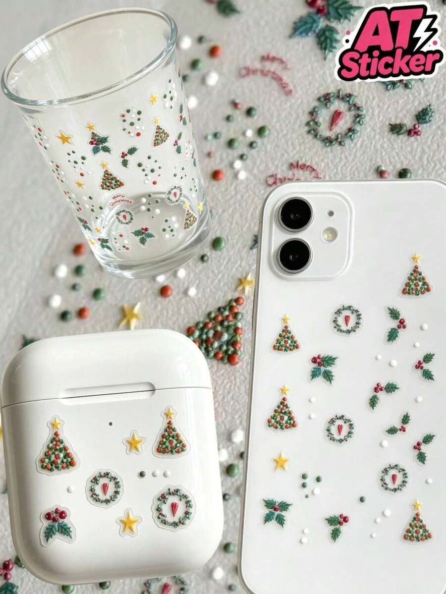 1pc Christmas Wreath Decorative Sticker, Transparent Background PET Waterproof Sticker, Christmas Tree Holly Leaf Wreath Five-Pointed Star Merry Christmas Pattern Sticker, Holiday Atmosphere Decoration Sticker, Self-Adhesive Removable No Residue, DIY Decoration Material, Suitable For Phone Case, Earphone Case, Glass Cup, Water Cup, Gift Box Packaging, Home Decor Surface Holiday Decoration - one-size - View 1