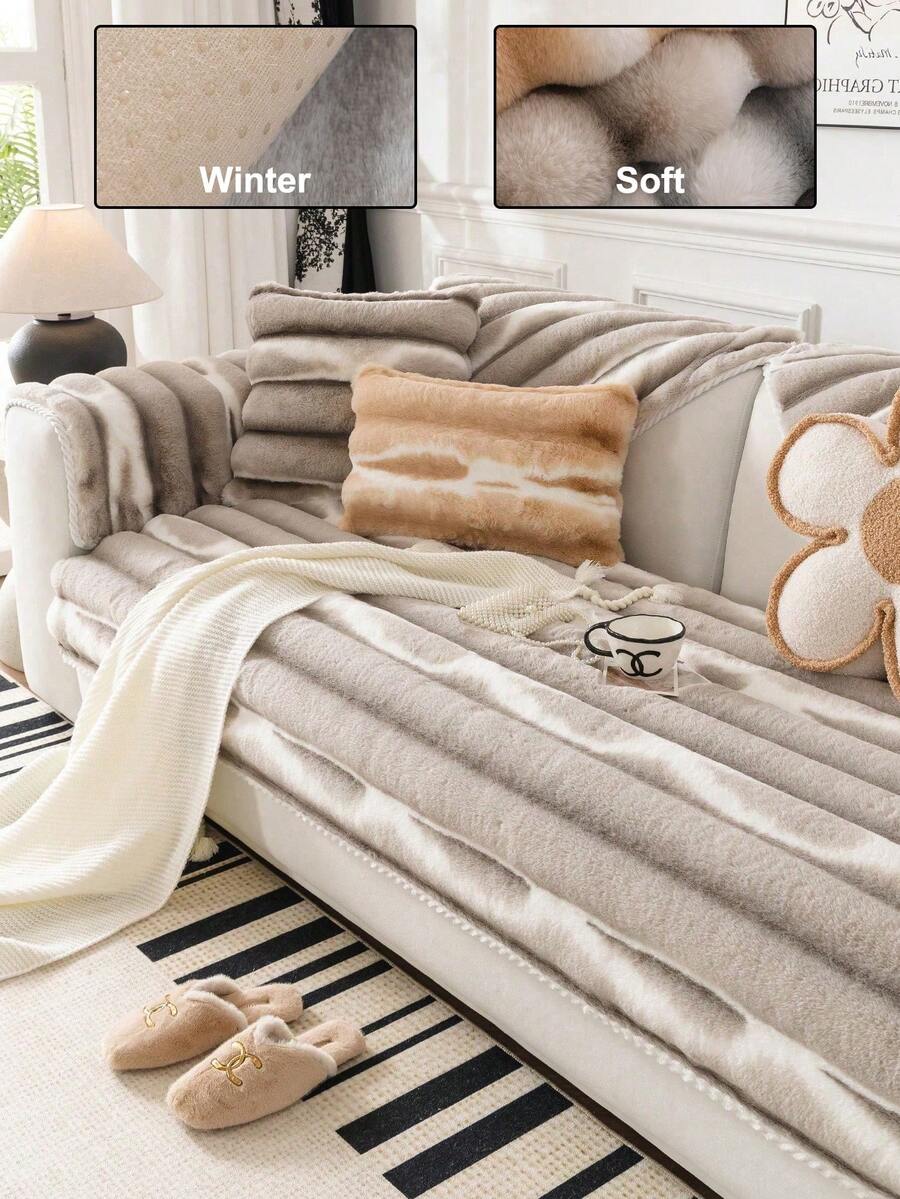 1pc Plush Sofa Cushion Cover, Striped Tie-Dye Sofa Slipcover, Ins Style, Thickened, Warm For Winter, Sofa Protection, Anti-Slip, Anti-Cat Scratch