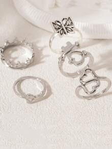 5-Piece Punk Style Ring Set, Unique Fashion Heart Butterfly Crown Stackable Rings, Jewelry For Women, Stylish Accessory Gift - Multicolor - View 4