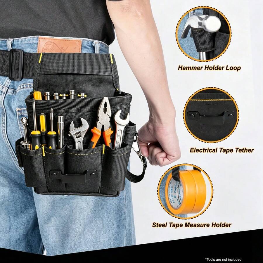 1件工具腰包，17格多層多口袋大容量工具袋，加厚耐磨牛津布，加固縫線，多工具掛載設計，可調節腰帶，適合電工、木工、建築工人、維修技術人員，便攜式工具收納袋，適用於扳手、螺絲起子、捲尺及各種五金工具