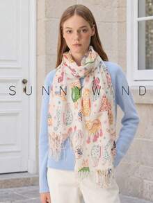 1pc Women's Cute Cartoon Kitten Animal Pattern Polyester Scarf, Sweet & Versatile Fashion Accessory For All Seasons Daily Wear - White - View 2
