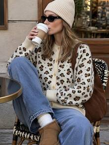 BYGOUBY Women's Autumn/Winter Leopard Print Front Button Long Sleeve Knit Cardigan, Casual Round Neck Drop Shoulder Sweater Jacket - Apricot - View 2