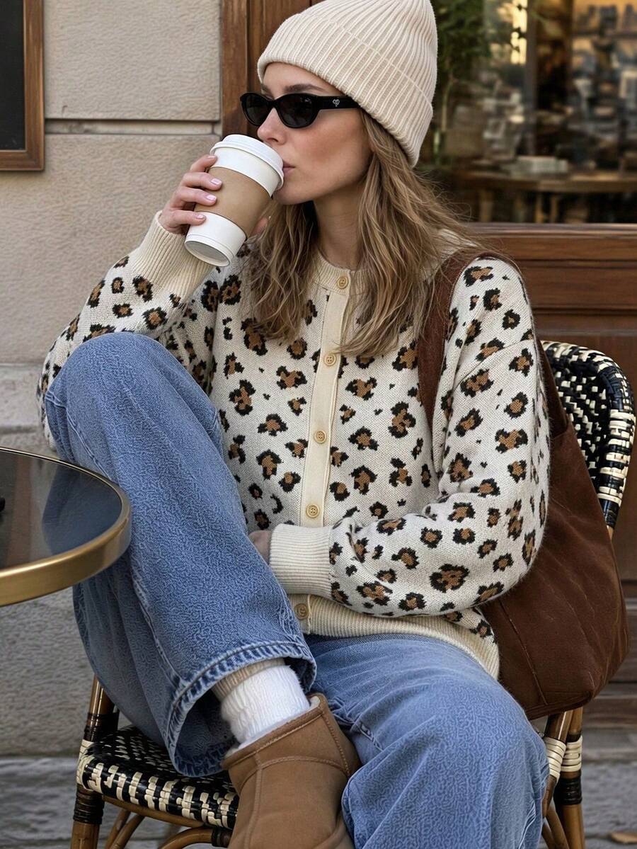 BYGOUBY Cardigan Rajut Lengan Panjang Kancing Depan Motif Leopard Musim Gugur/Dingin Wanita, Jaket Sweater Kasual Leher Bulat Bahu Longgar - Aprikot - View 1