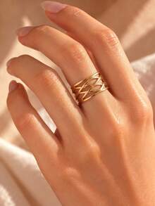 European And American Fashion Gold Multi-Layer Cross Woven Hollow Open Ring, Women's Personalized Wide Band Stackable Finger Ring, Minimalist High-End Daily Commute Date Party Versatile Accessory Gift - Gold - View 2