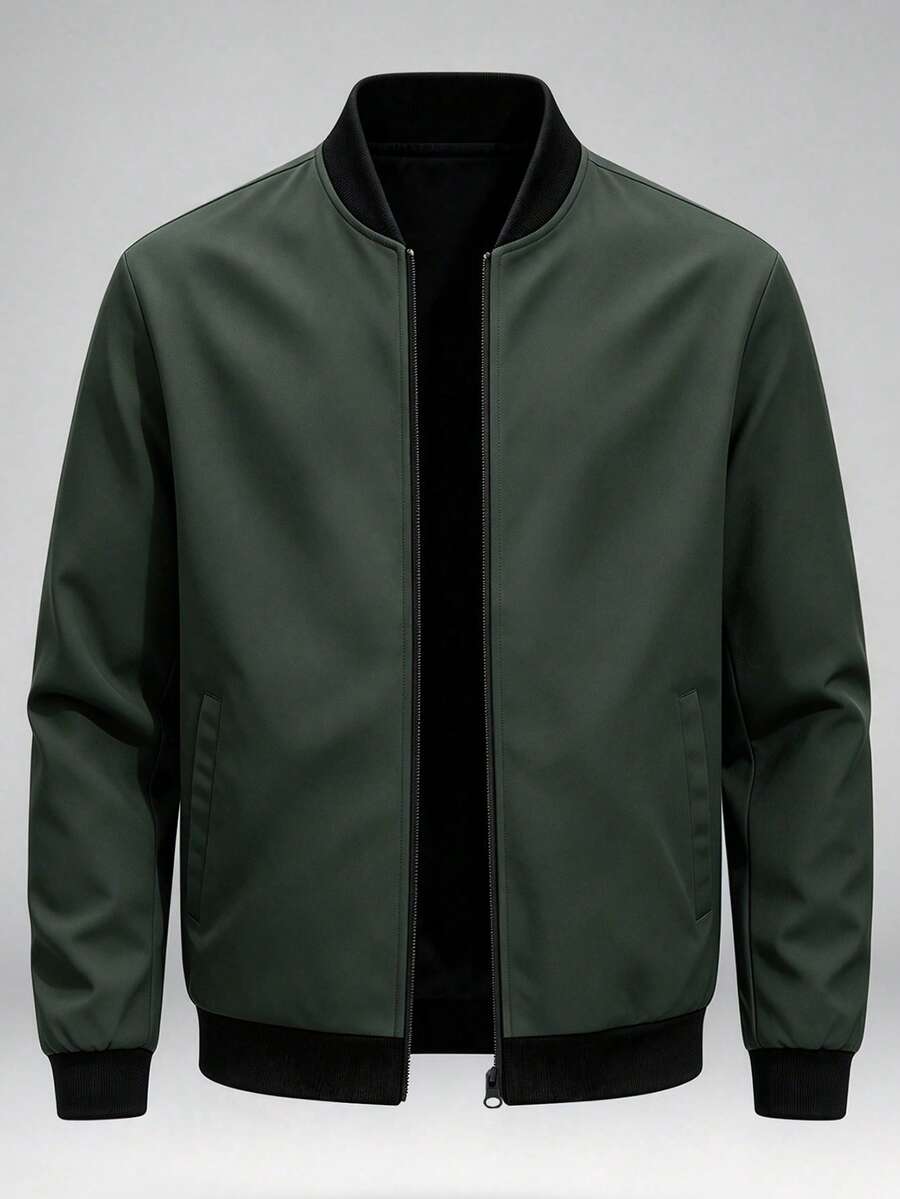 Men's Lightweight Solid Color Baseball Collar Outdoor Sports Jacket, Lightweight Men's Apparel, Suitable As Gift For Husband, Father, Friend - Dark Green - View 1