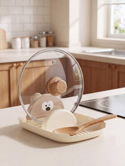 Cute Bear Pot Lid Holder With Drain Tray, Countertop Pan Lid Stand, Plastic Kitchen Spoon Rest, Multifunctional Kitchen Counter Storage Organizer For Lids, Spatulas, Kitchen Utensil Holder, Lid Holder With Drip Tray