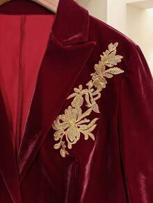 Women's Autumn/Winter Elegant Commute Holiday High-Quality Composite Velvet Fabric Single-Breasted Gold Thread Embroidered Fitted Long Sleeve Blazer - Burgundy - View 6