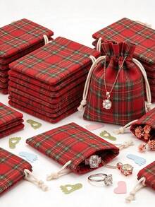 10pcs Jewelry Drawstring Bags, Red Thick Rope Plaid Fabric Bags, Portable Travel Jewelry Storage Bags For Earrings, Necklaces, Rings, Wedding Party Gift Bags, Small Gift Packaging Bags, Holiday Gift Packaging Bags, Christmas/Christmas Decrations/Party Decorations/Bedroom Accessories - Multicolor - View 7
