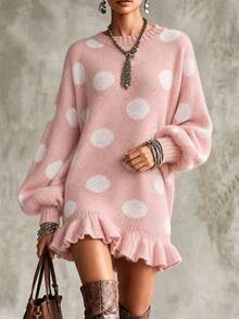 Women's Comfortable Pink Polka Dot Knit Sweater Dress, Long Sleeve Ruffle Hem Casual Pullover, Winter Style - Pink - View 3