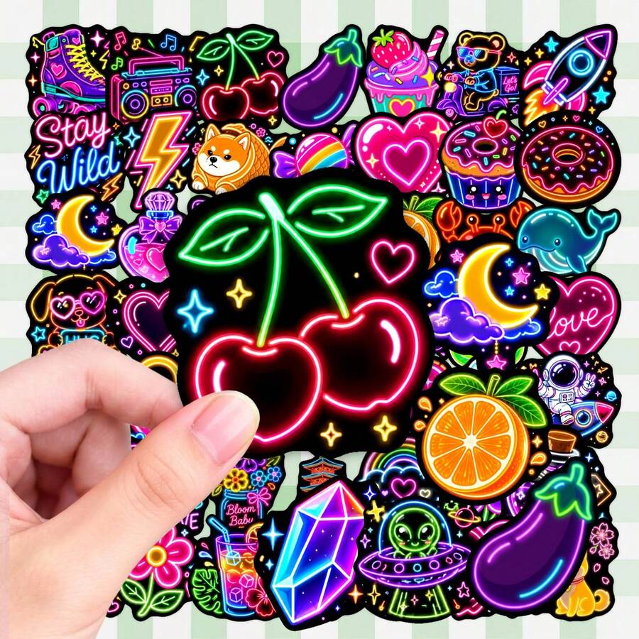 50Pcs Neon Style Cute Element Stickers, Bright Neon Light Graphic Decals, Waterproof Stickers For Journal, Laptop, Water Bottle, Scrapbook, Aesthetic Craft Decor - Multicolor - View 1